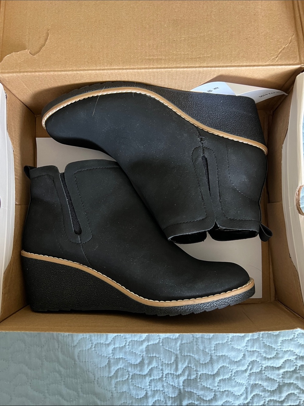 St. John's Bay Black Wedge Ankle Boots with Tan Trim